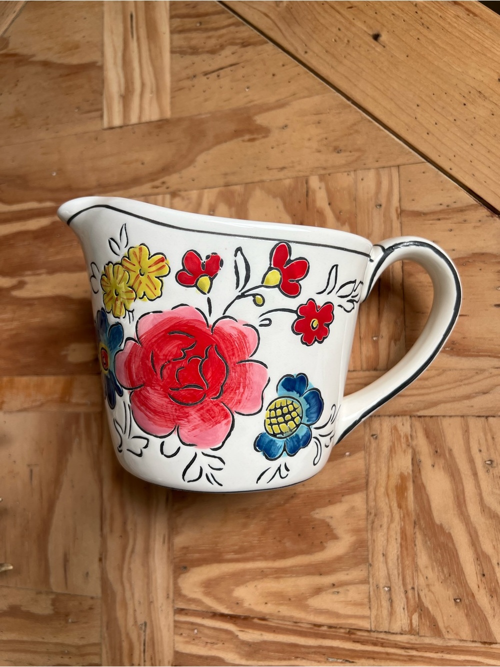 Anthropologie Hand-Painted Floral Ceramic Pitcher - Red, Blue & Yellow